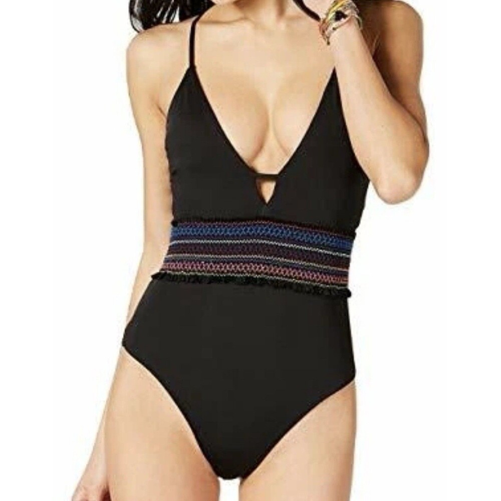 Bar III Smocked Plunging One-Piece Swimsuit in Black (Medium). Retail $88
